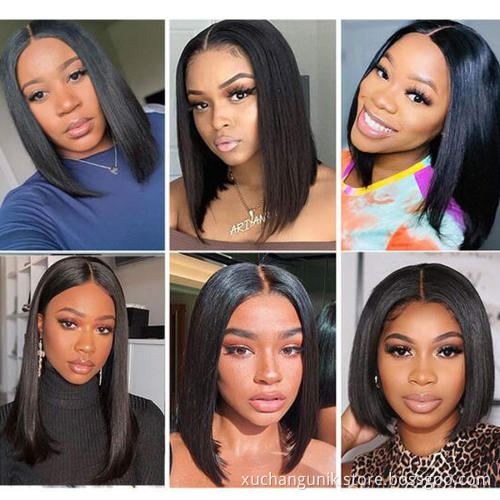 Uniky Fashion Design 8 Inch Peruvian Human Hair Lace Front Closure Short Bob Wig Wholesale Straight Human Hair Bob Peruvian Wigs